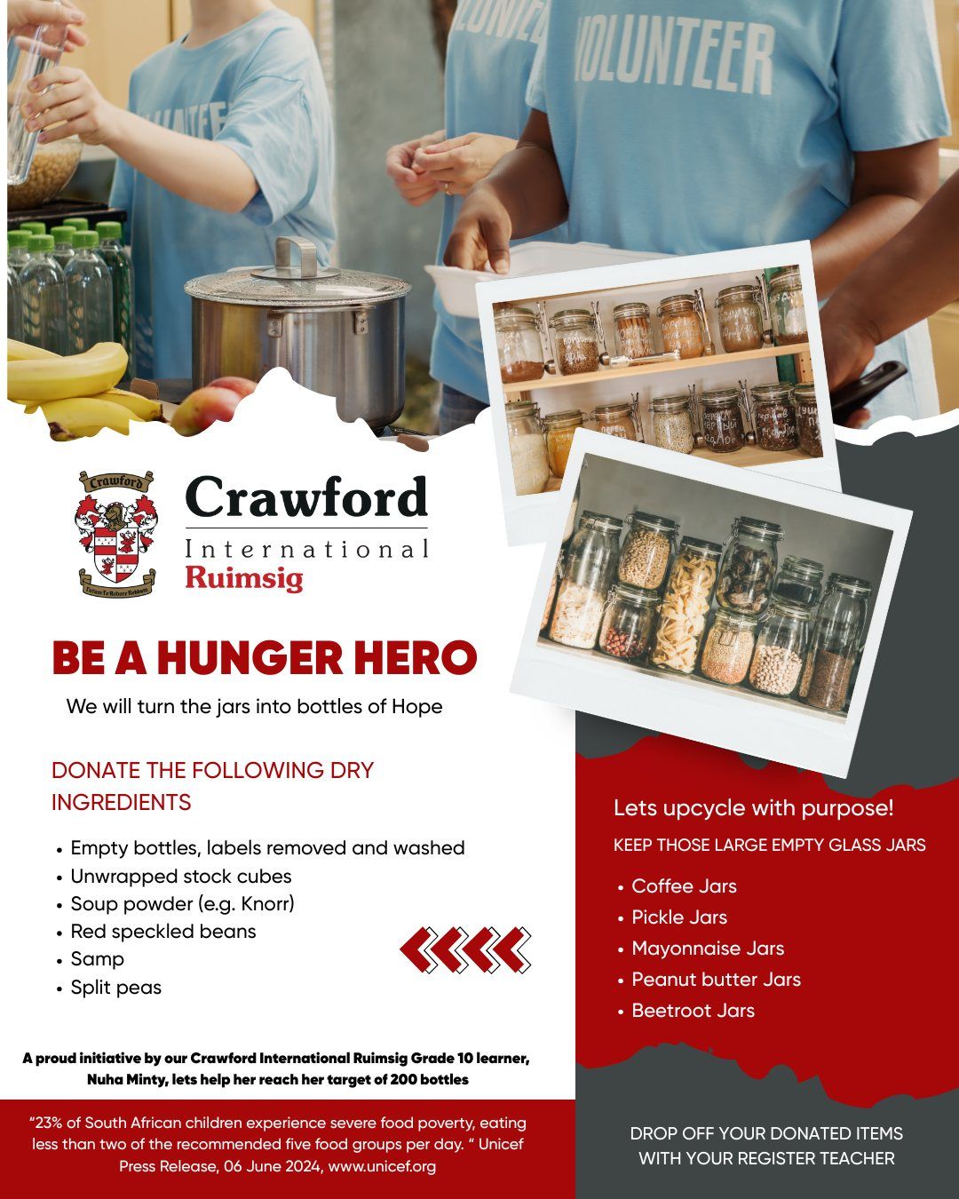 Volunteers preparing food, jars of food, promoting