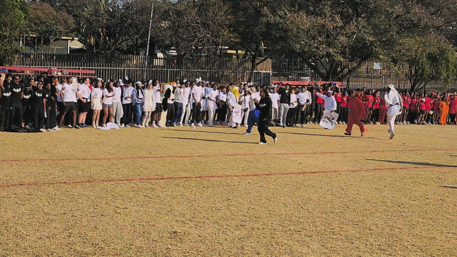 A large group of people are standing in a field