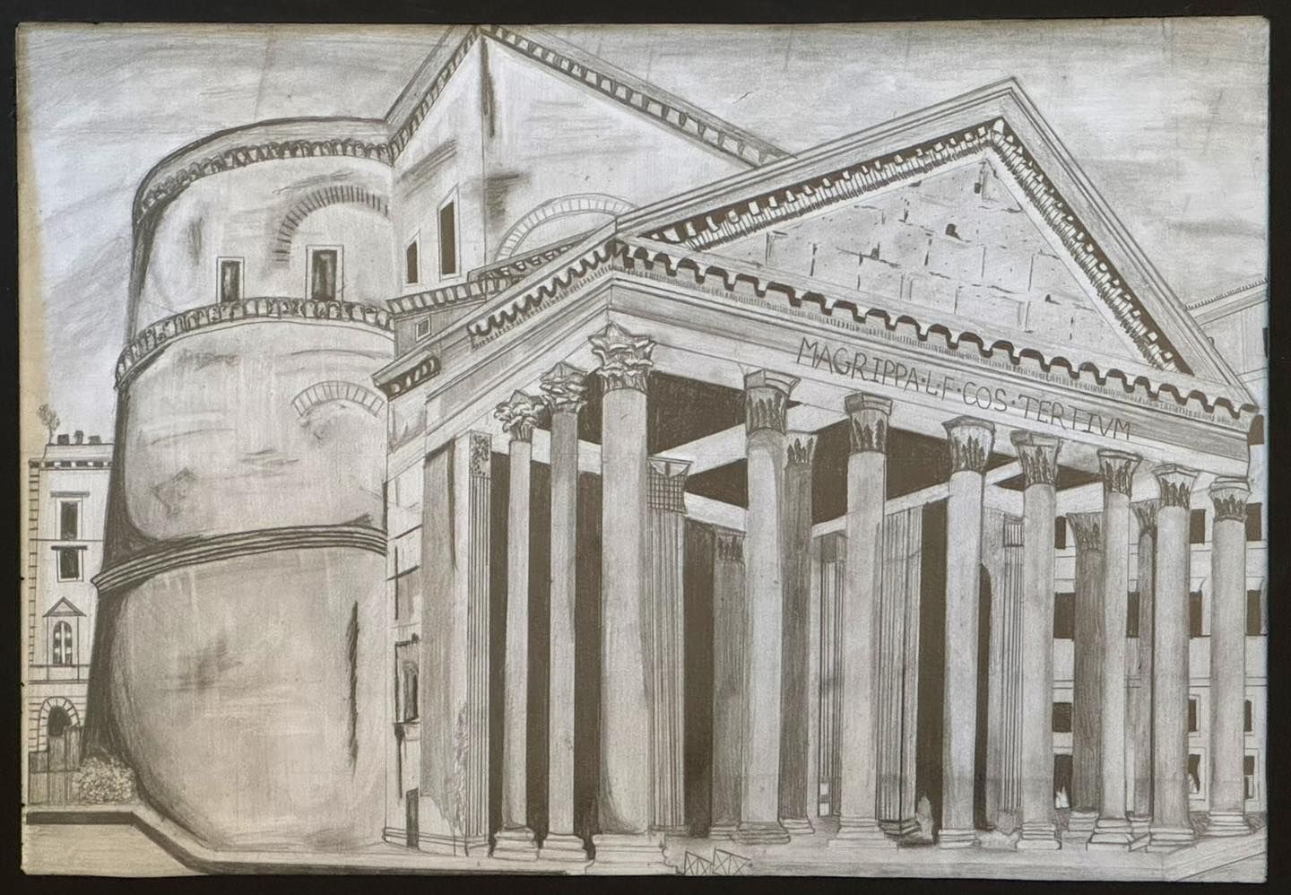 Pencil drawing of the Pantheon in Rome, Italy. The iconic Roman temple is depicted from an angle in shades of gray.