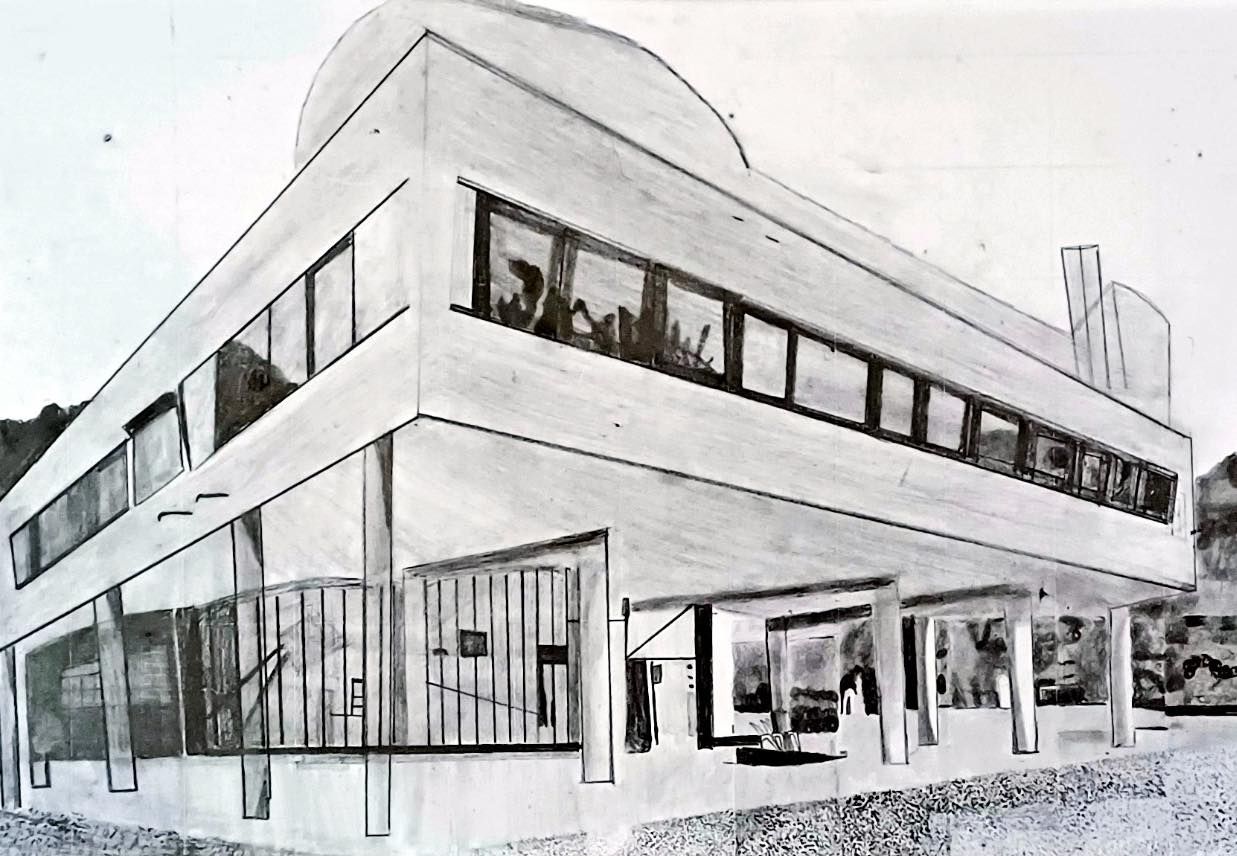 Modern building, pencil sketch, with rectangular form and large windows. Exterior view.