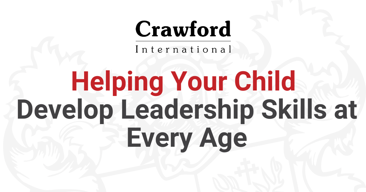 Crawford International ad: “Helping Your Child Develop Leadership Skills at Every Age” in red and black text