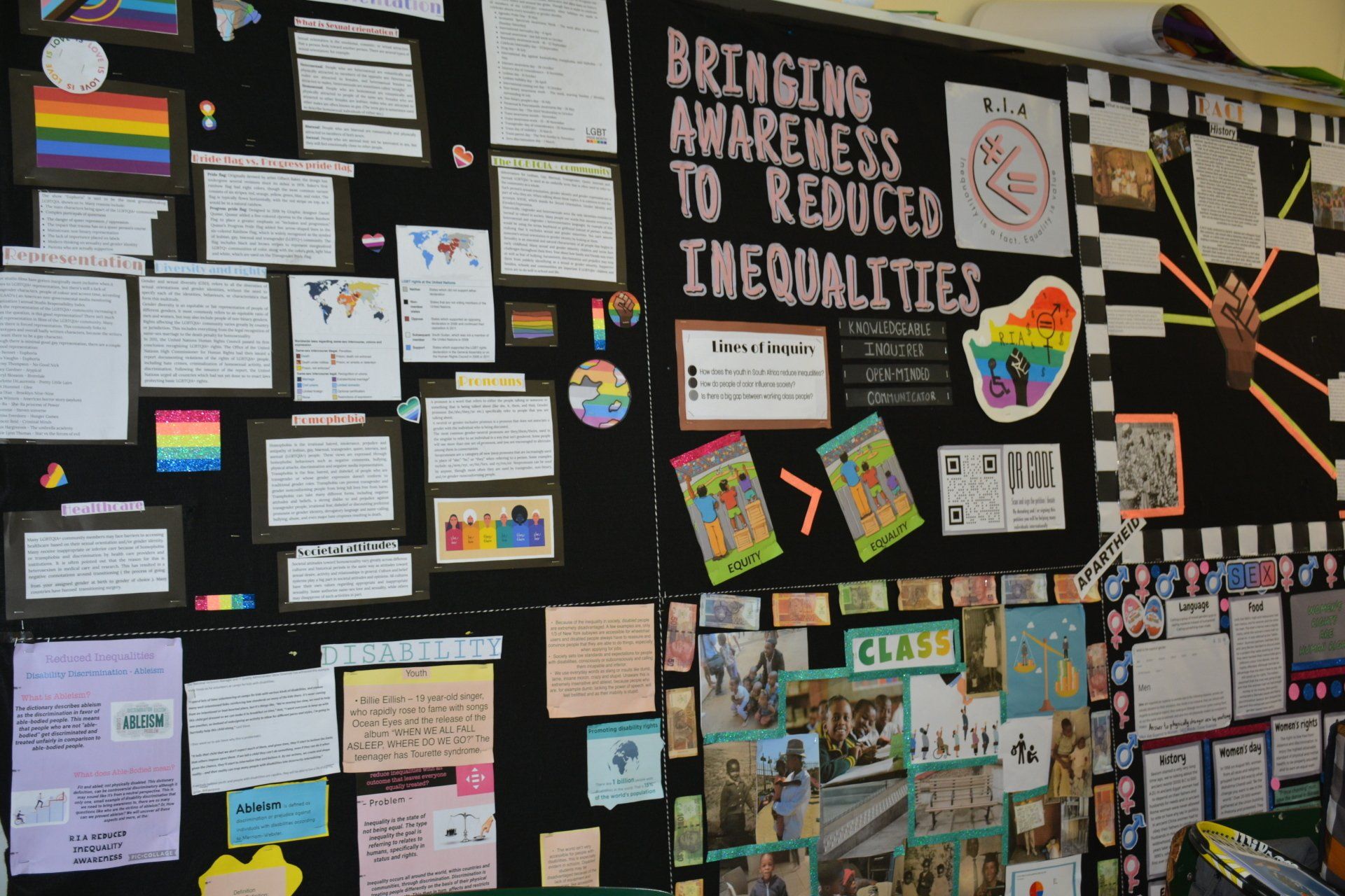 A bulletin board that says bringing awareness to reduce inequalities
