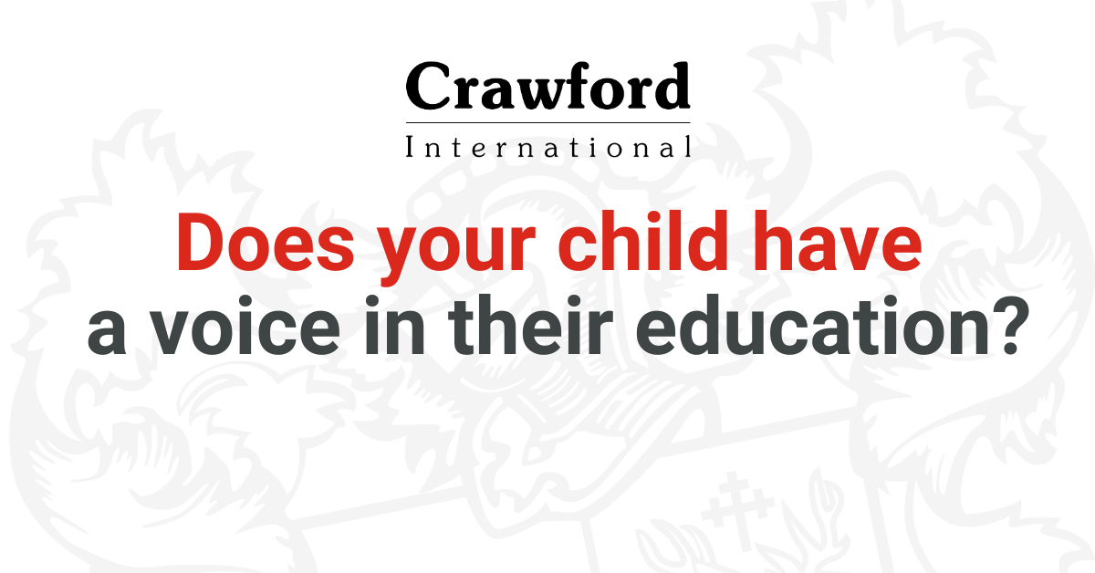 Crawford International graphic asking in red and black text, “Does your child have a voice in their education?”