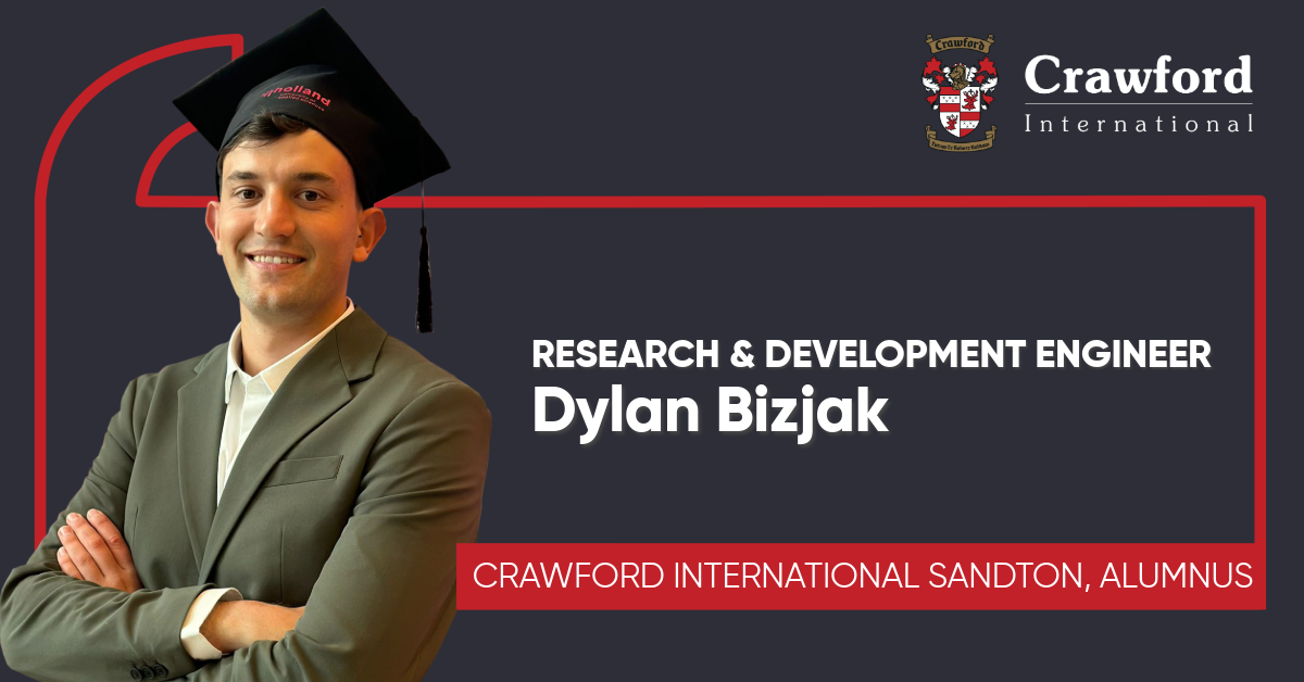Smiling man in suit and graduation cap; Research & Development Engineer Dylan Bizjak. Crawford International logo in corner.