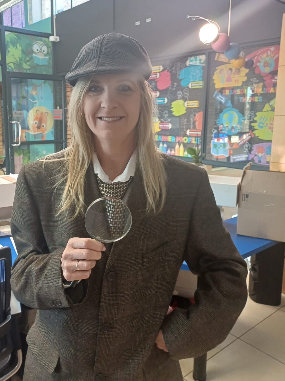 A woman in a suit and hat is holding a magnifying glass.