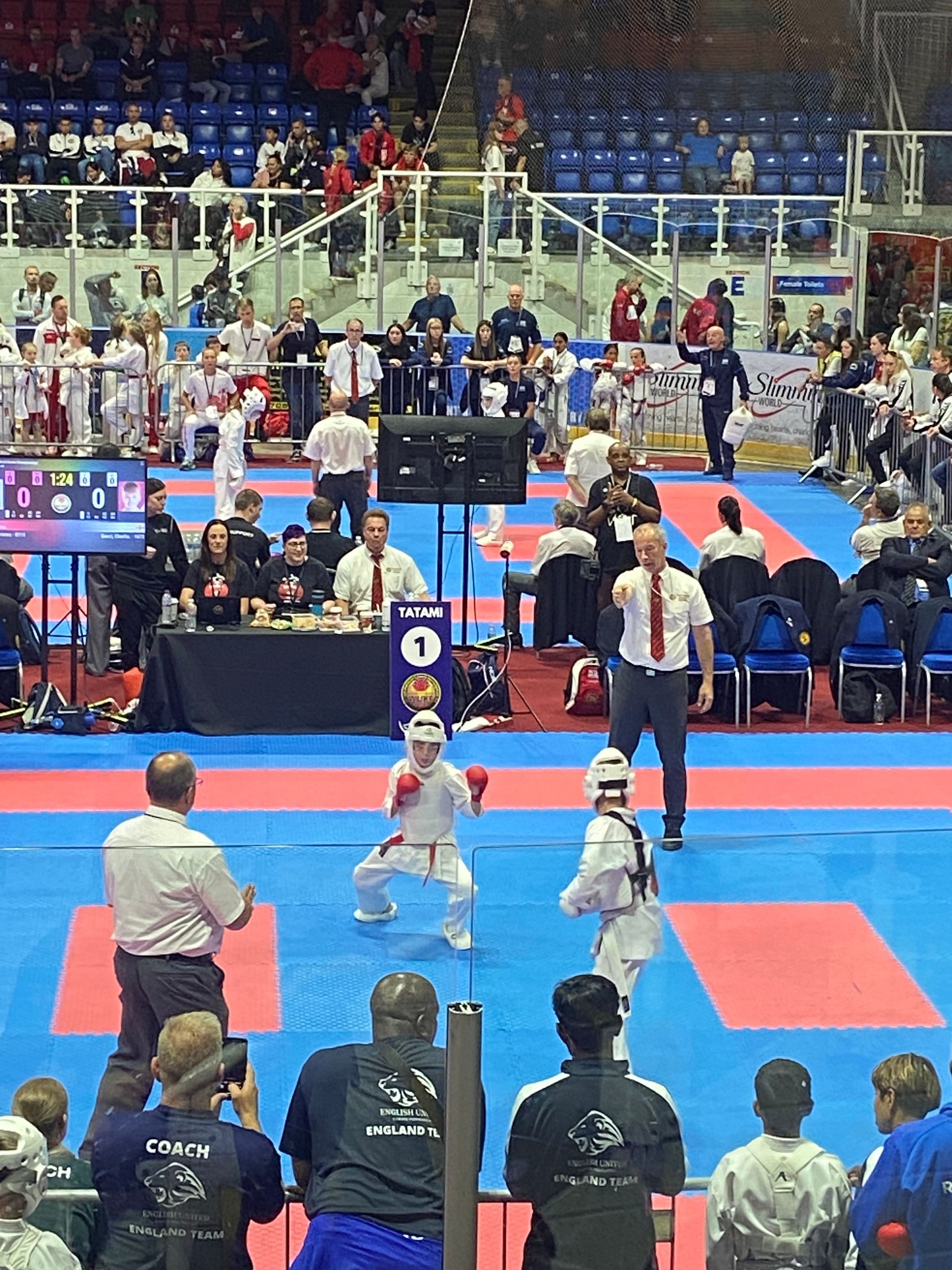 A group of people are watching a karate match in a stadium.
