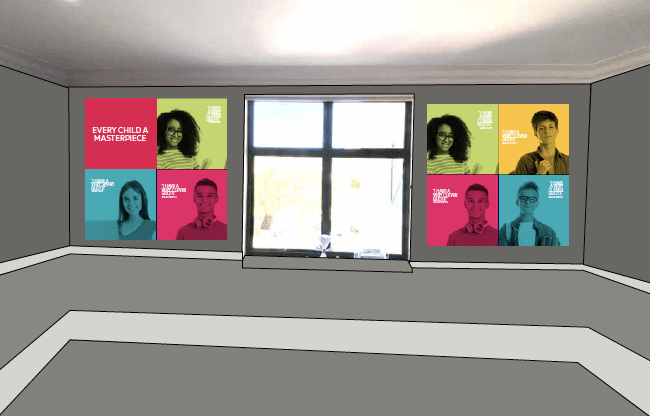A room with a window and a bunch of pictures on the wall