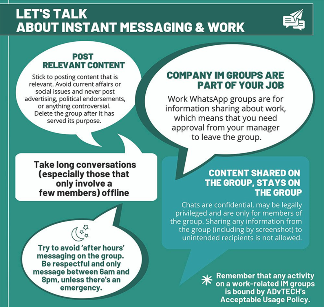 A poster that says let 's talk about instant messaging and work