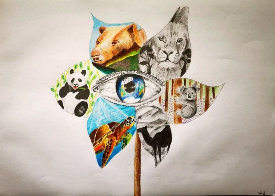 A drawing of a windmill with animals on it