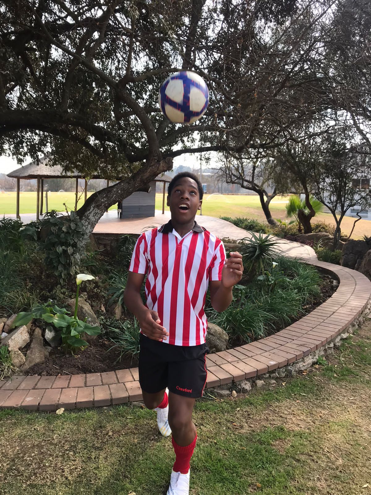 A young boy is playing with a soccer ball in a park.