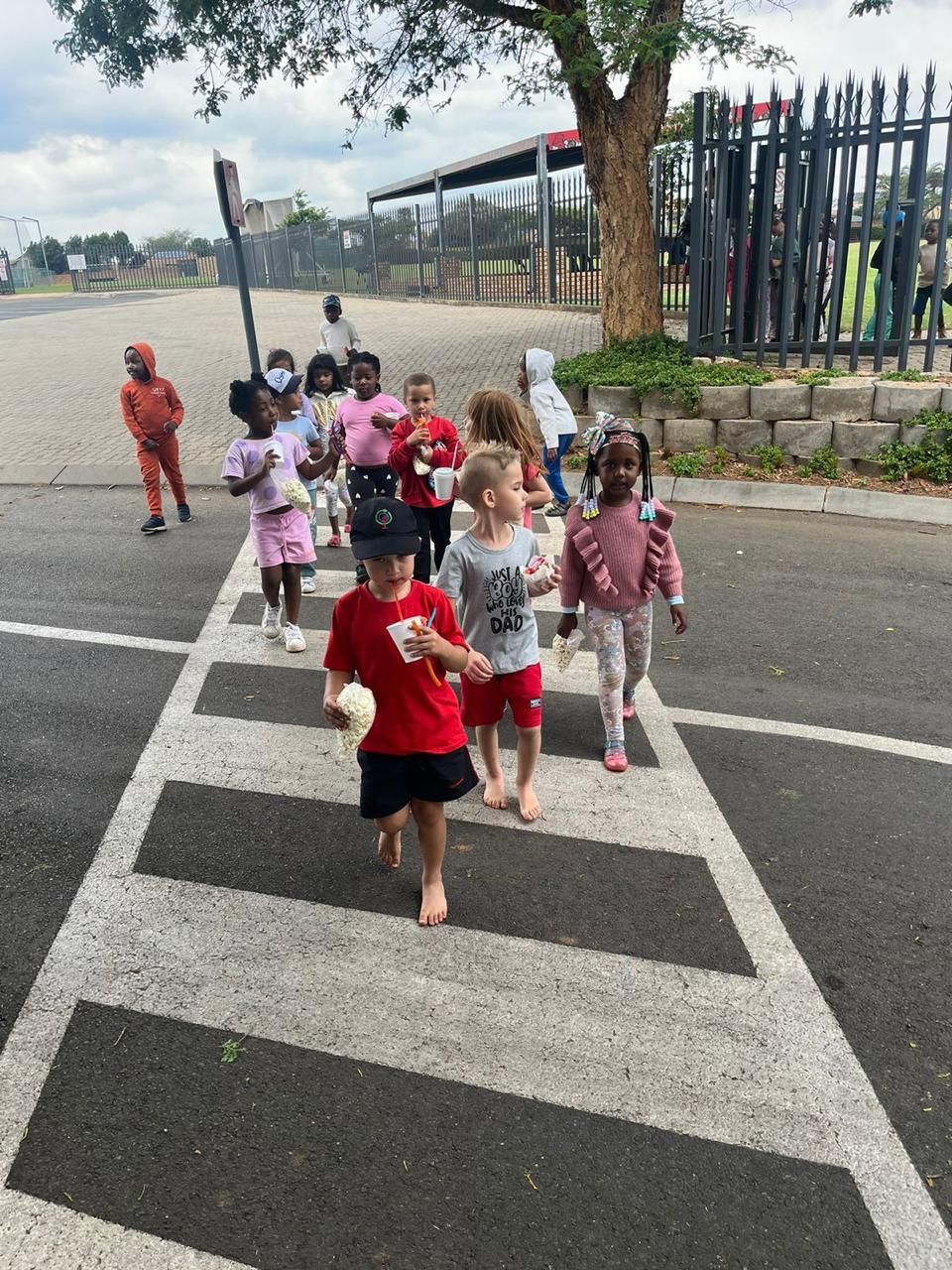 A group of children are walking across a crosswalk.
