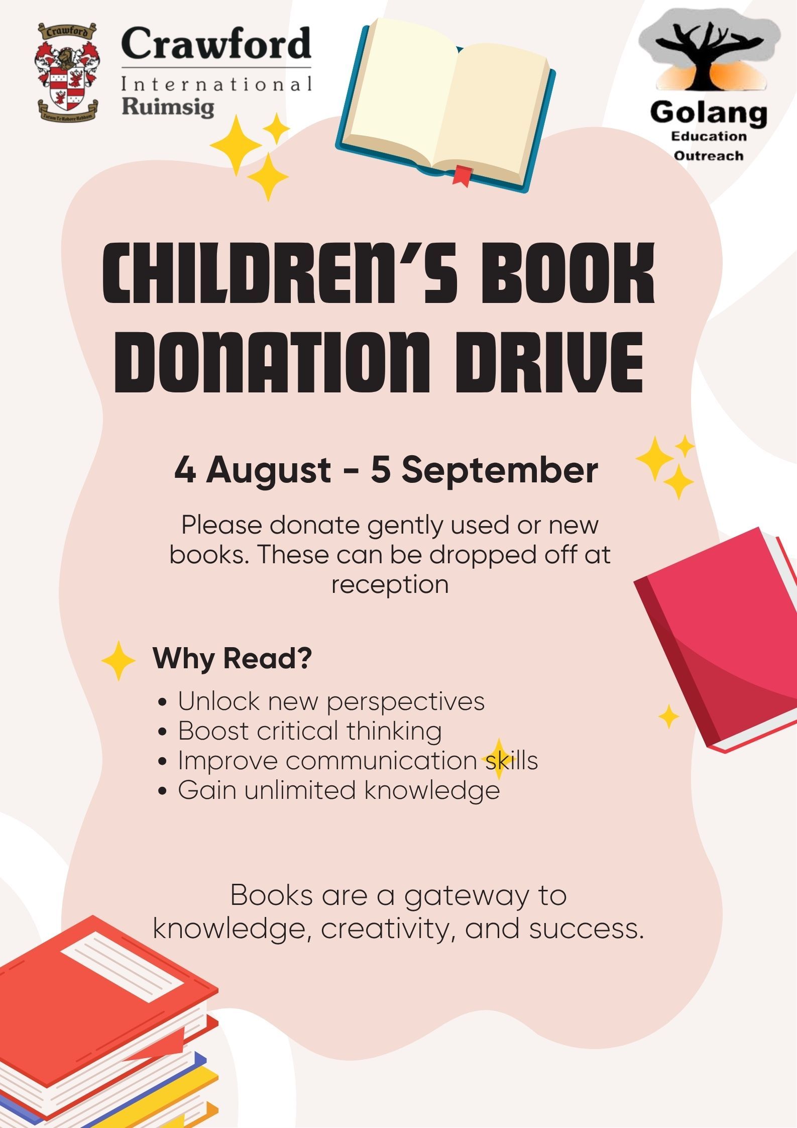 Poster for a children's book donation drive. Includes logos, dates, and the benefits of reading.