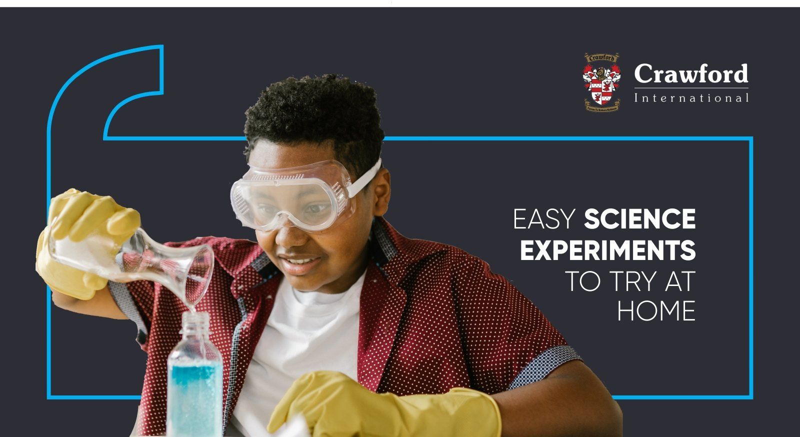 A boy wearing goggles and gloves is pouring liquid into a bottle.