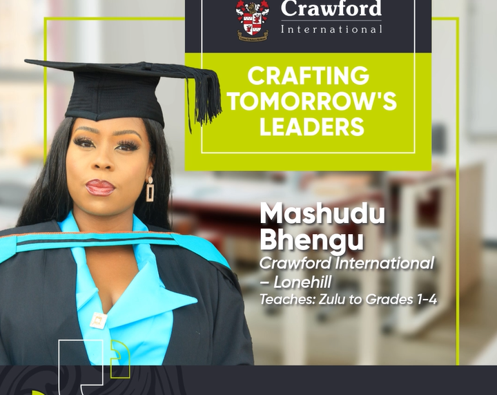 Crawford International advertisement: Woman in graduation attire. Text: 