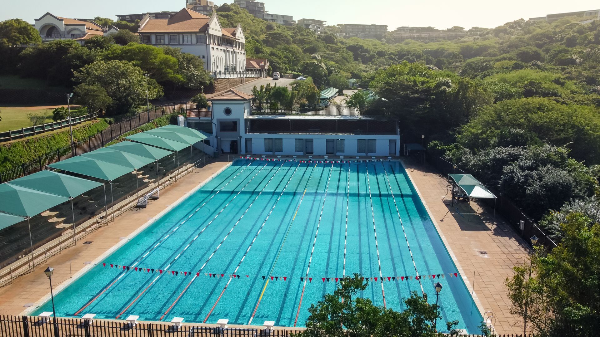 an aerial view of a large swimming pool
