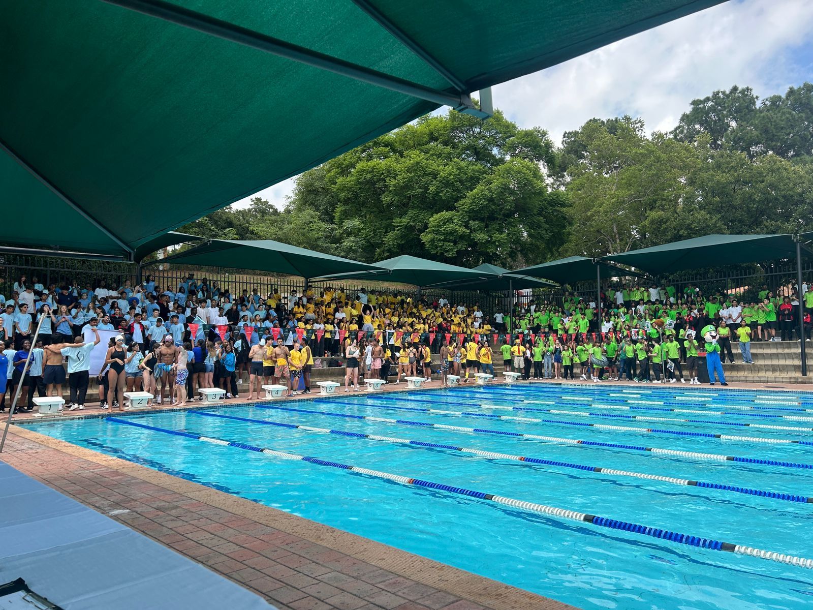 A large group of people are standing around a swimming pool.
