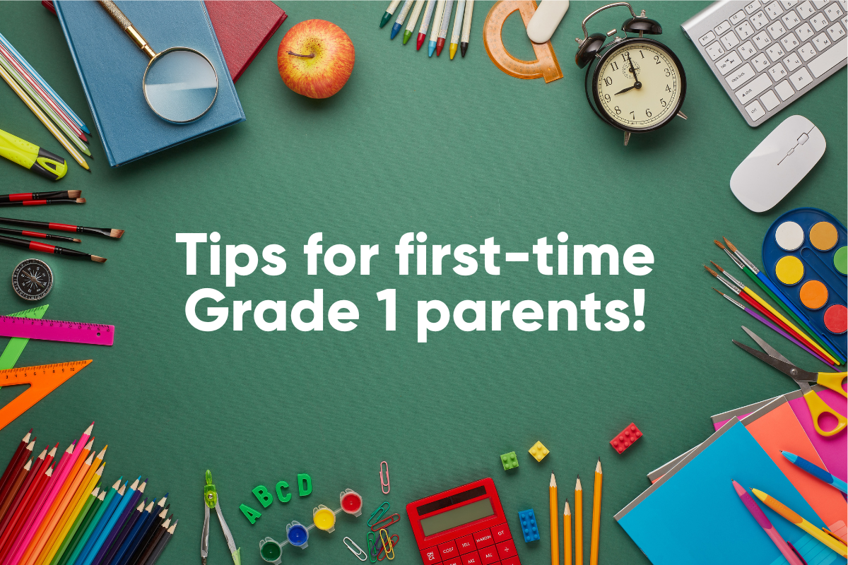 A green background with school supplies and the words tips for first-time grade 1 parents