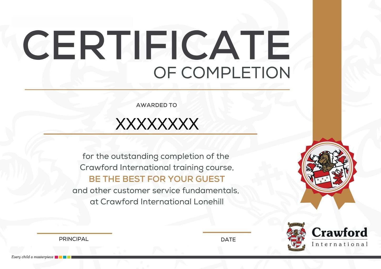 A certificate of completion for the crawford international training course.