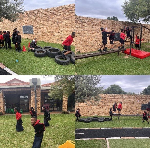 A collage of four pictures of children playing in a park
