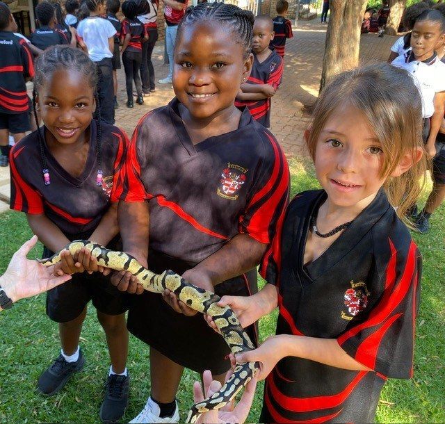A group of young girls are holding a snake in their hands