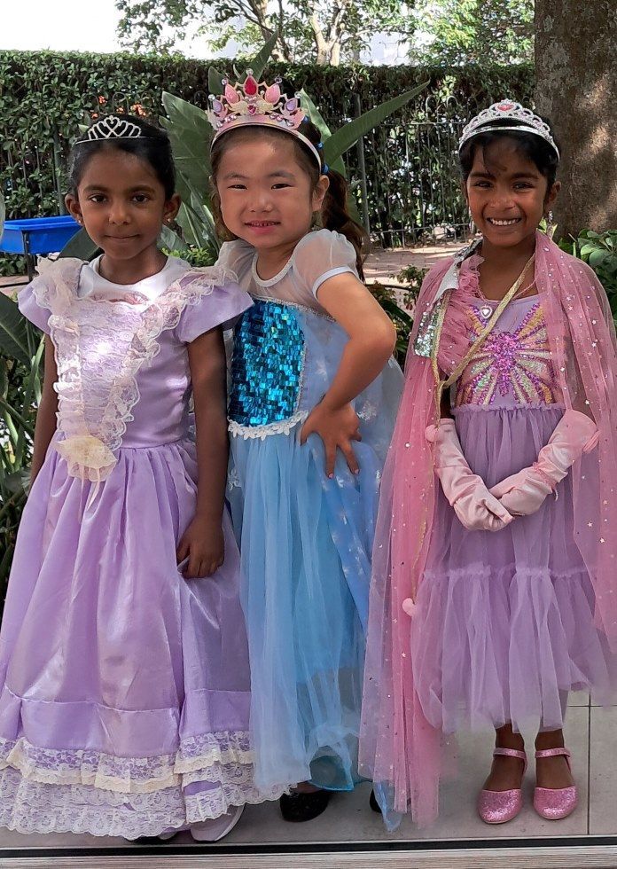 Three little girls are dressed up as princesses and posing for a picture.