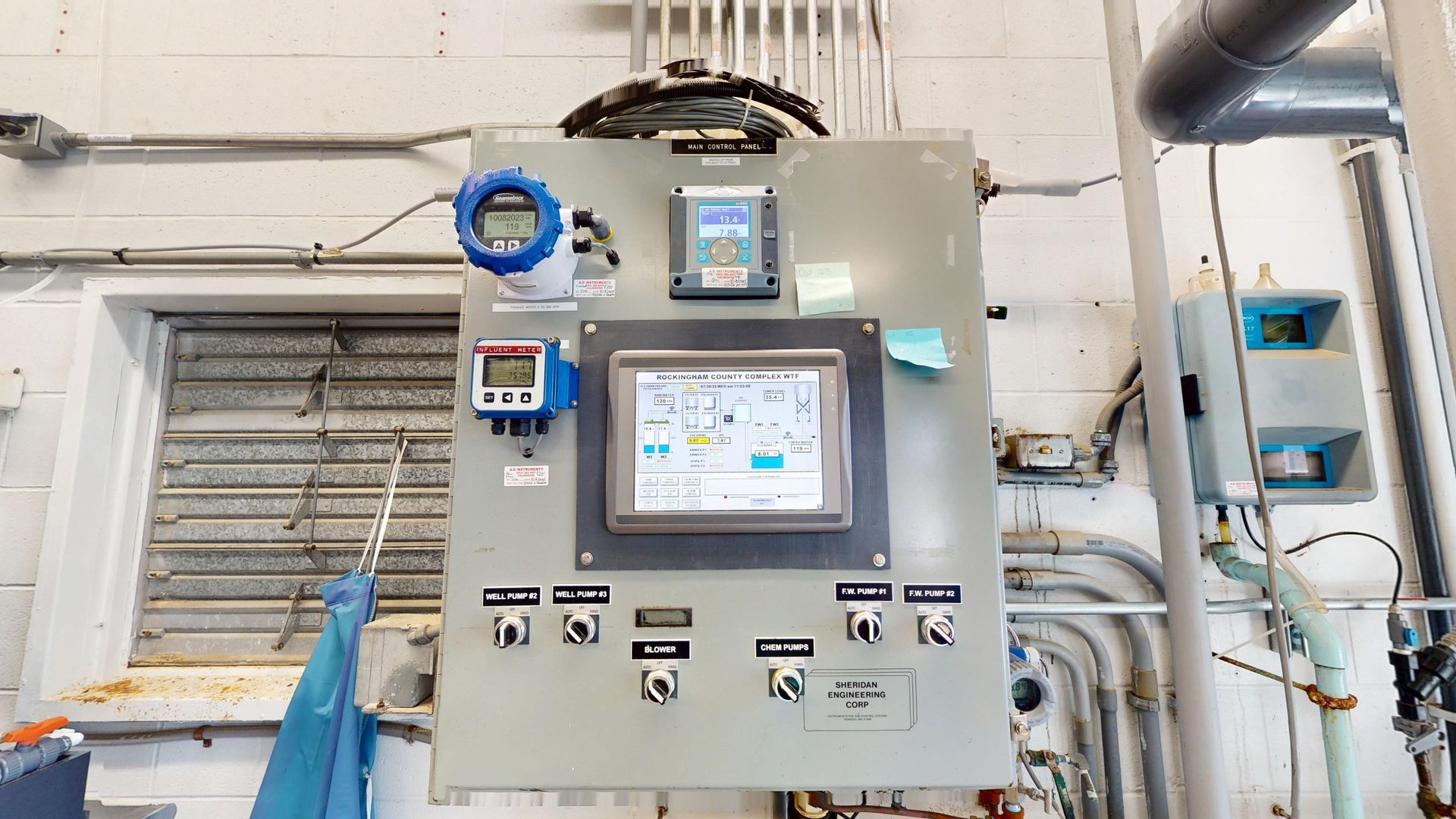 Control panel with various gauges and a touchscreen display, mounted on a wall in an industrial setting.