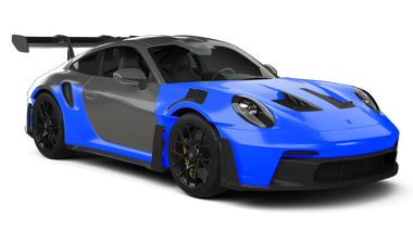 Blue and black sports car with a large rear wing on a white background