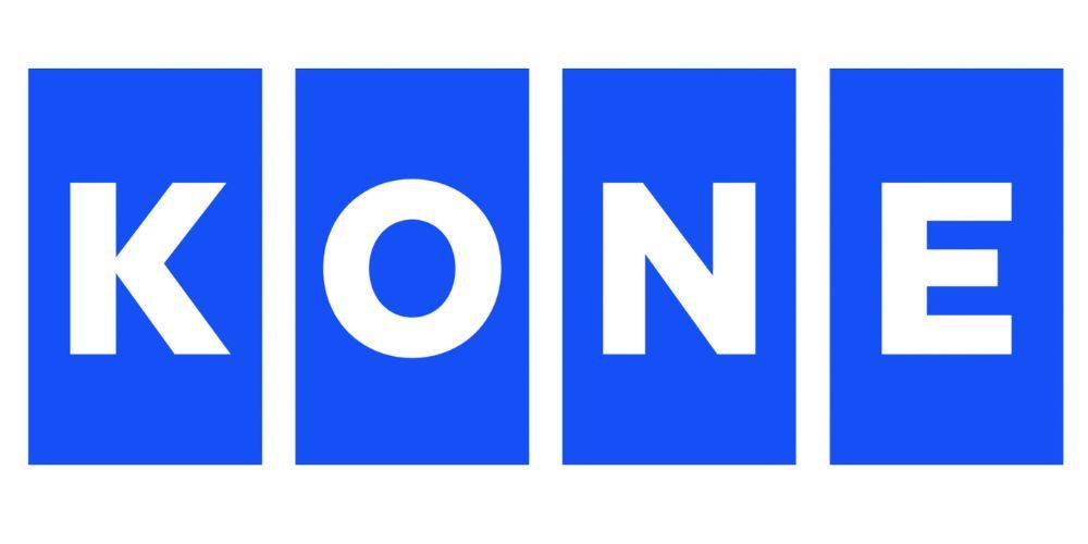 KONE logo: white text on four blue vertical rectangles.