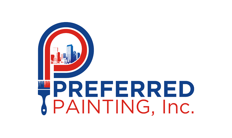 Logo for Preferred Painting, Inc., featuring a paintbrush and a city skyline inside a blue and red “P”.