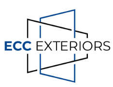 Logo for ECC Exteriors: text and geometric shapes in blue and black.