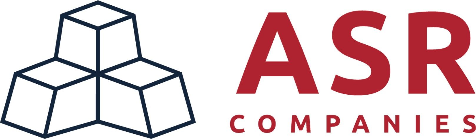 ASR Companies logo: stylized cubes in navy blue and red text