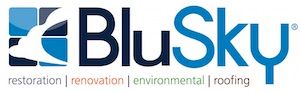 BluSky logo with abstract design and text: restoration, renovation, environmental, roofing.