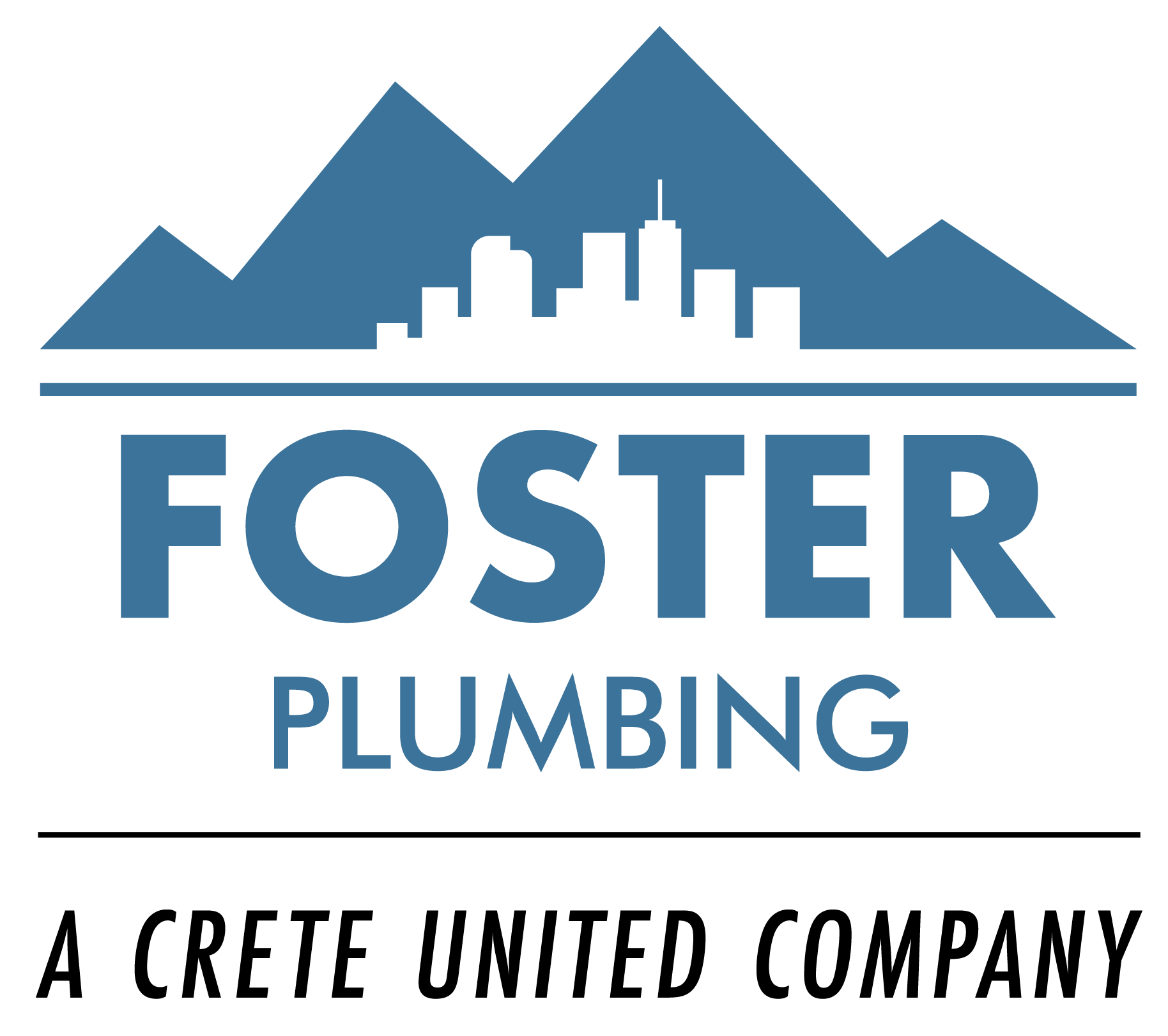 Logo for Foster Plumbing, blue mountains and cityscape, white text: FOSTER PLUMBING, below is A CRETE UNITED COMPANY.