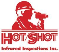 Red silhouette of person in hard hat using infrared camera, company logo