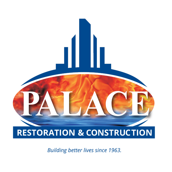 Logo for Palace Restoration & Construction featuring a city skyline, fire and water elements, and the company name.