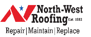 Logo for North-West Roofing: red roof design, blue star, and text