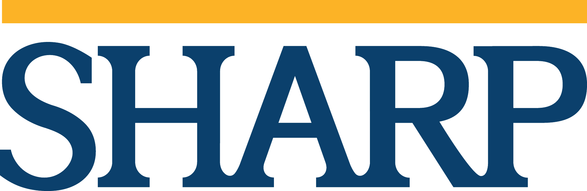 The word "SHARP" in dark blue font below a horizontal gold bar.