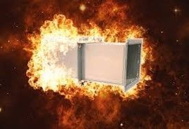 A white box is surrounded by flames in a galaxy.