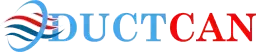 The logo for duct can is blue and red with a swirl in the middle.