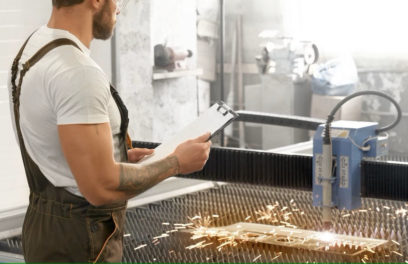A man is standing in front of a machine holding a clipboard.