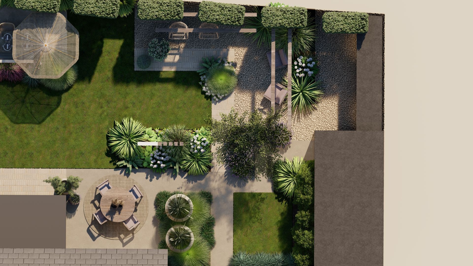 Bovenaanzicht van een aangelegde achtertuin met terras, gazon, tuinhuisje en diverse bloemperken.