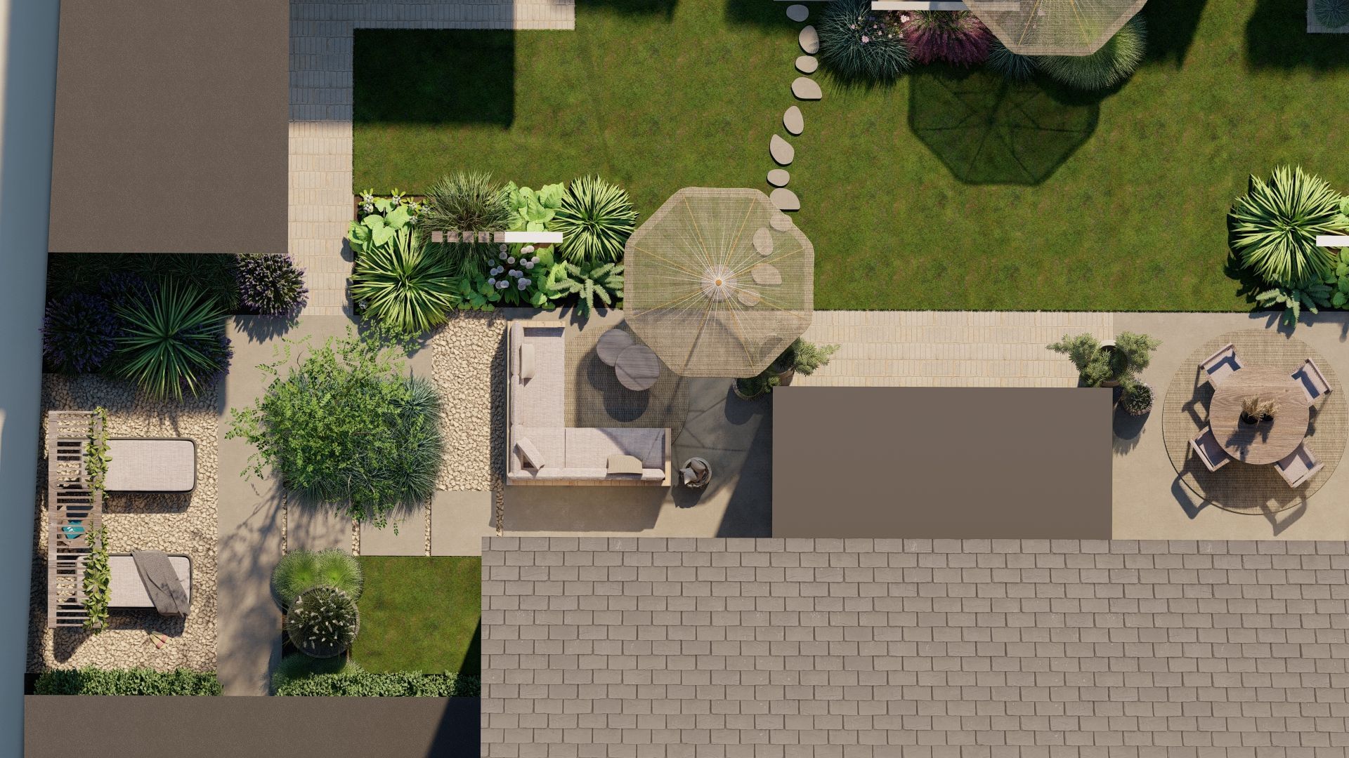 Bovenaanzicht van een tuinontwerp met terras, zitgedeeltes, gazon en beplanting.