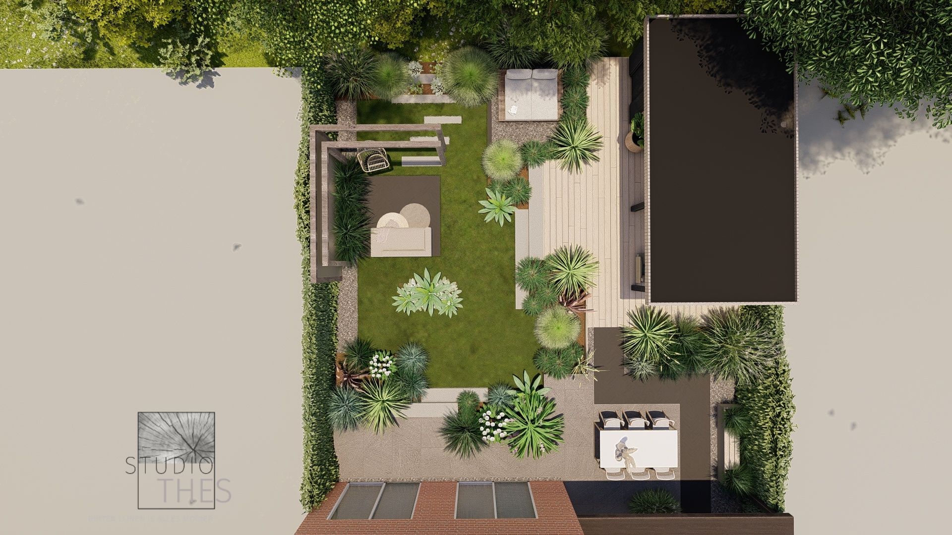 Bovenaanzicht van een moderne achtertuin met gazon, terras, zitgedeelte en weelderige beplanting.