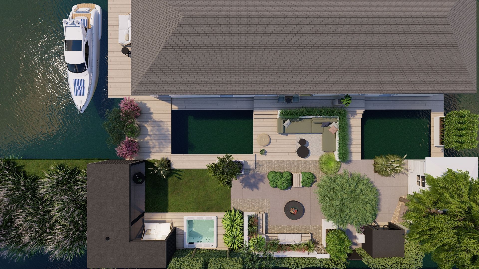 Bovenaanzicht van een luxe woning met boot, zwembad en terras. Groen water, grijs dak en weelderige beplanting.