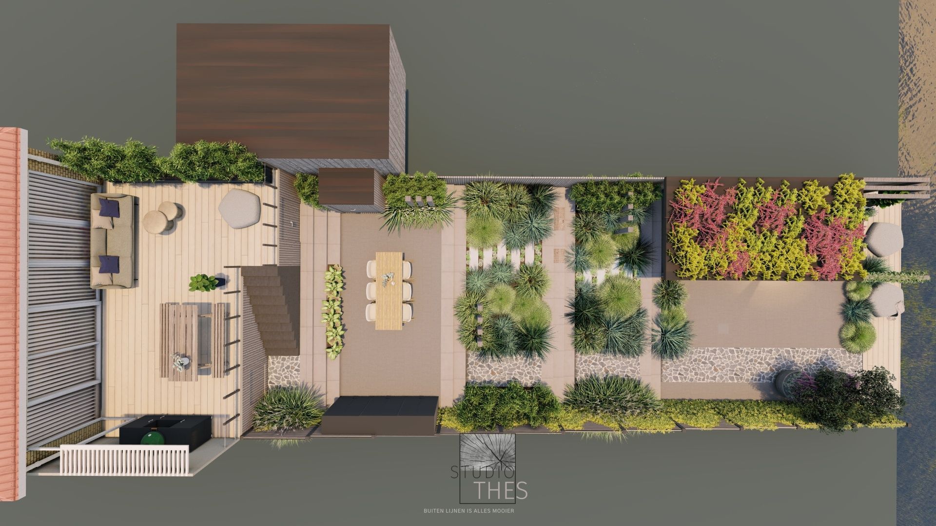 Bovenaanzicht van een modern tuinontwerp met een terras, patio, eethoek en plantenperken.