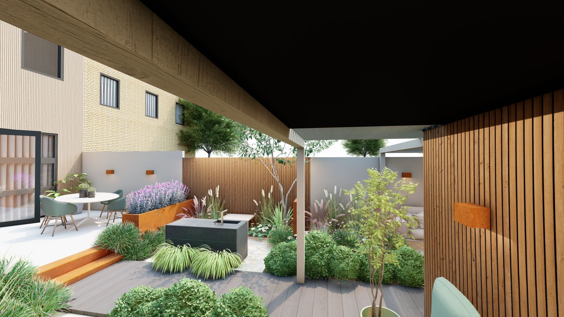 Ontwerptekening van de achtertuin: houten terras, tuinmeubilair, bloembedden, verticale lattenhek en een moderne woning.