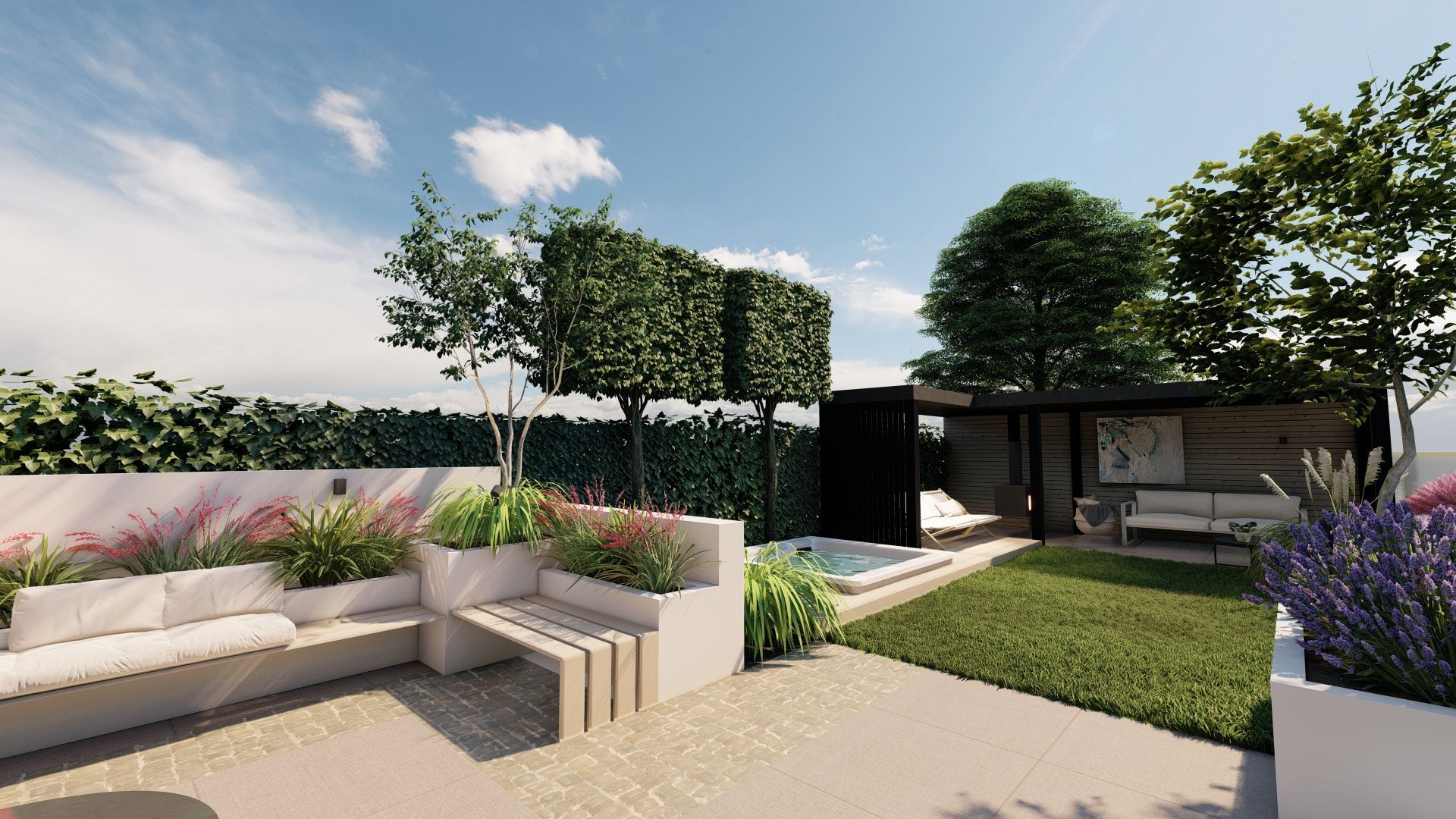 Modern tuinontwerp met een jacuzzi, zitgelegenheid en weelderig groen onder een blauwe hemel.