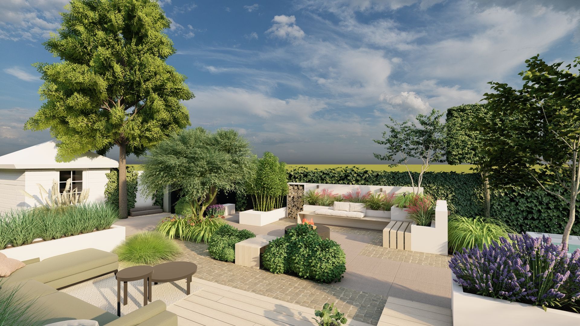 Een aangelegde tuin met diverse planten, een wit terras, zitgelegenheid en een klein gebouwtje onder een blauwe hemel.