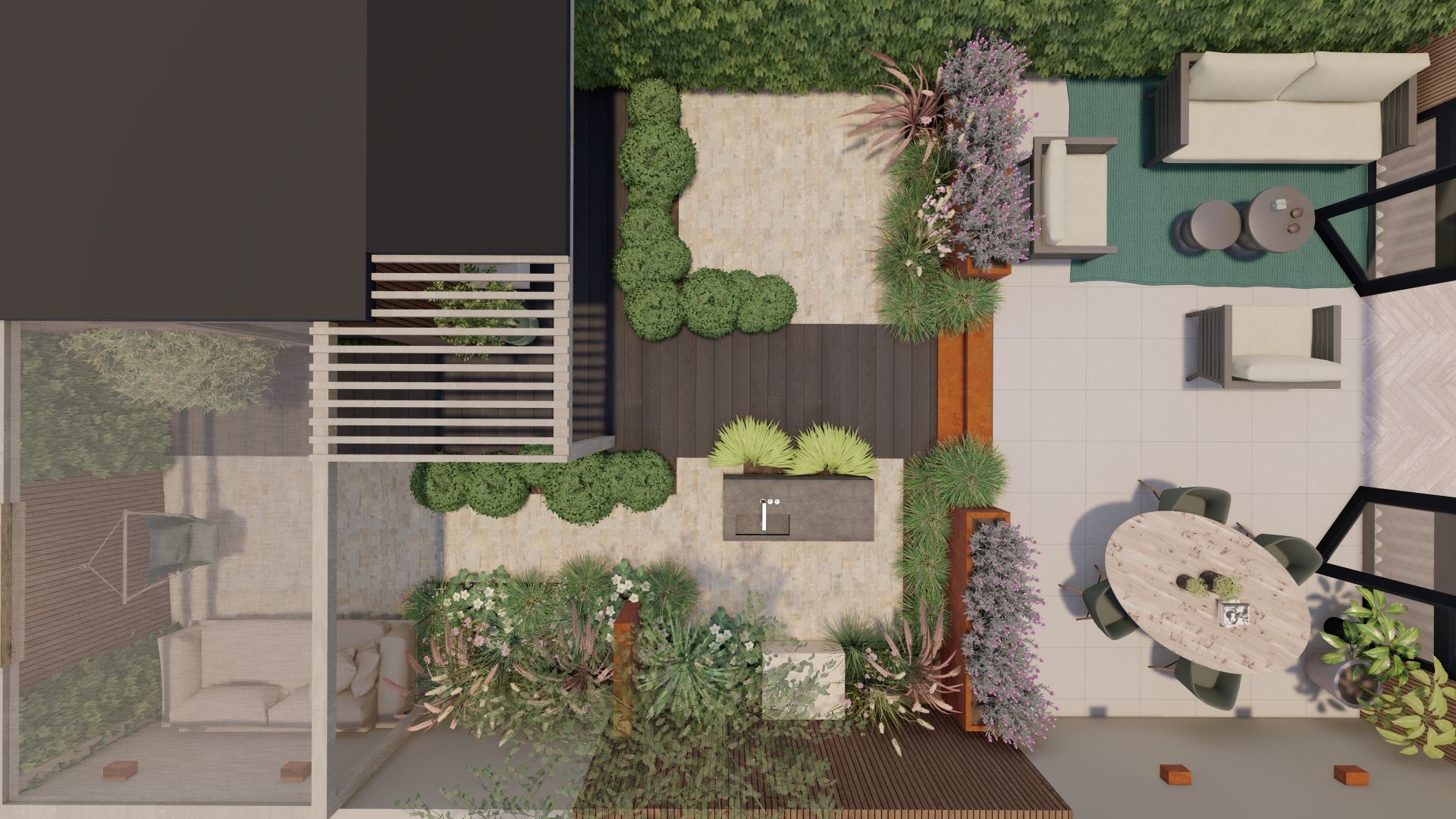 Bovenaanzicht van een modern tuinontwerp met zitgedeeltes, beplanting en een donkerhouten terras.
