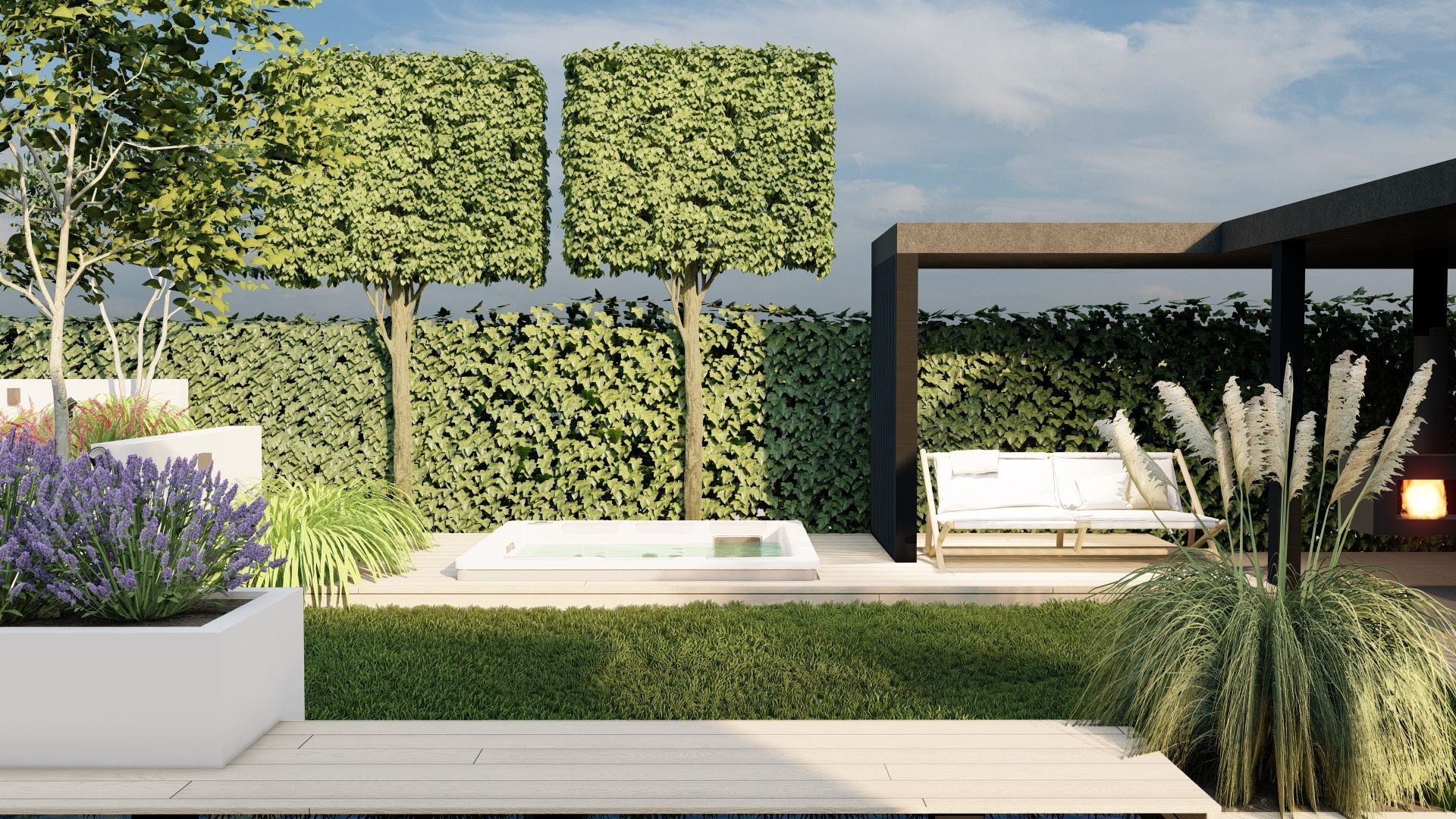 Een luxueuze achtertuin met vierkante bomen, een klein zwembad en een zitgedeelte met een schommel.